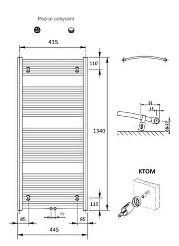 CONCEPT 100 KTOM koupelnový radiátor 1340/450, středové připojení, bílá RAL9016 KTO-134045-11M10 Technický nákres