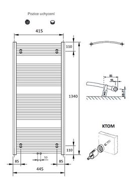 CONCEPT 100 KTOM koupelnový radiátor 1340/450, středové připojení, bílá RAL9016 KTO-134045-11M10 Technický nákres