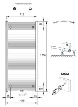 CONCEPT 100 KTOM koupelnový radiátor 1700/450, středové připojení, bílá RAL9016 KTO-170045-11M10 Technický nákres