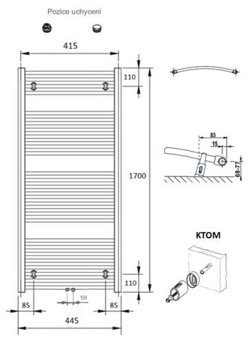 CONCEPT 100 KTOM koupelnový radiátor 1700/450, středové připojení, bílá RAL9016 KTO-170045-11M10 Technický nákres