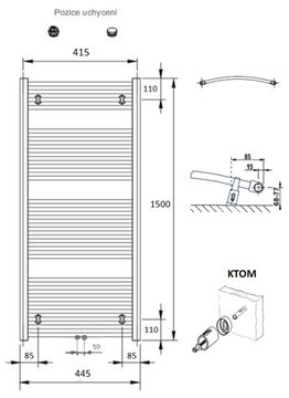 CONCEPT 100 KTOM koupelnový radiátor 1500/450, středové připojení, bílá RAL9016 KTO-150045-11M10 Technický nákres
