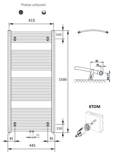 CONCEPT 100 KTOM koupelnový radiátor 1500/450, středové připojení, bílá RAL9016 KTO-150045-11M10 Technický nákres