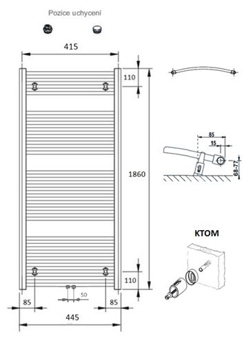 CONCEPT 100 KTOM koupelnový radiátor 1860/450, středové připojení, bílá RAL9016 KTO-186045-11M10 Technický nákres