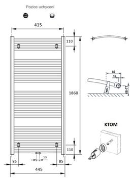 CONCEPT 100 KTOM koupelnový radiátor 1860/450, středové připojení, bílá RAL9016 KTO-186045-11M10 Technický nákres