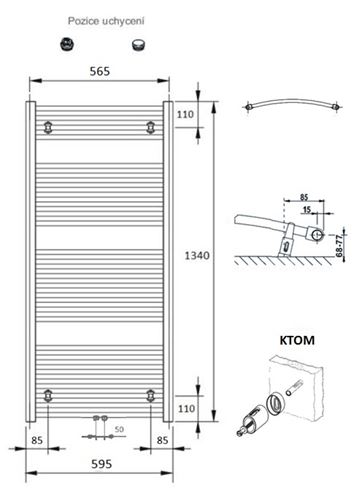 CONCEPT 100 KTOM koupelnový radiátor 1340/600, středové připojení, bílá RAL9016 KTO-134060-11M10 Technický nákres