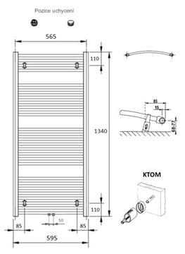 CONCEPT 100 KTOM koupelnový radiátor 1340/600, středové připojení, bílá RAL9016 KTO-134060-11M10 Technický nákres