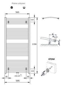CONCEPT 100 KTOM koupelnový radiátor 1700/600, středové připojení, bílá RAL9016 KTO-170060-11M10 Technický nákres