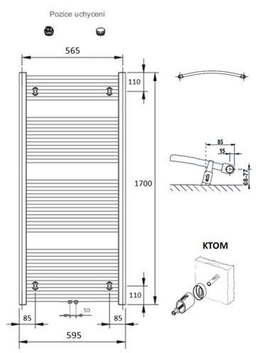 CONCEPT 100 KTOM koupelnový radiátor 1700/600, středové připojení, bílá RAL9016 KTO-170060-11M10 Technický nákres