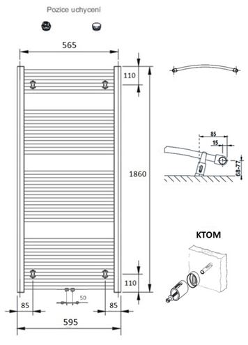 CONCEPT 100 KTOM koupelnový radiátor 1860/600, středové připojení, bílá RAL9016 KTO-186060-11M10 Technický nákres