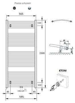 CONCEPT 100 KTOM koupelnový radiátor 1500/600, středové připojení, bílá RAL9016 KTO-150060-11M10 Technický nákres