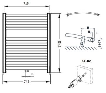 CONCEPT 100 KTOM koupelnový radiátor 740/750, středové připojení, bílá RAL9016 KTO-074075-11M10 Technický nákres