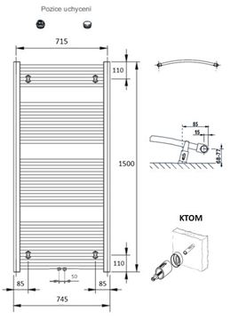 CONCEPT 100 KTOM koupelnový radiátor 1500/750, středové připojení, bílá RAL9016 KTO-150075-11M10 Technický nákres