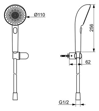 HANSA AURELIA sprchová souprava 3-dílná, ruční sprcha pr. 110 mm, 3 proudy, hadice, držák, broušená ocel 4717012080 Technický nákres