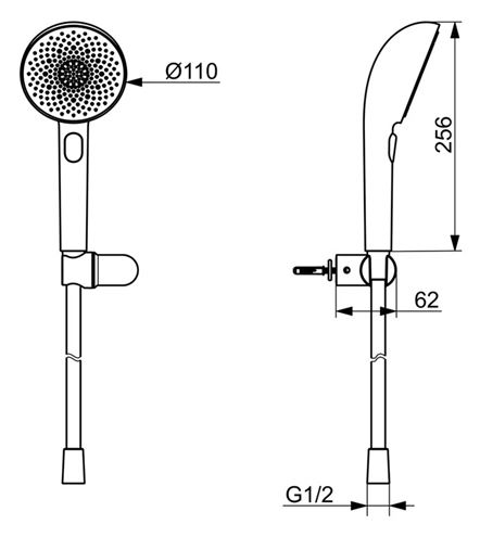 HANSA AURELIA sprchová souprava 3-dílná, ruční sprcha pr. 110 mm, 3 proudy, hadice, držák, broušená ocel 4717012080 Technický nákres