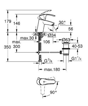 GROHE EUROSMART umyvadlová stojánková baterie, s odtokovou soupravou, studený start, chrom 32926002 Technický nákres