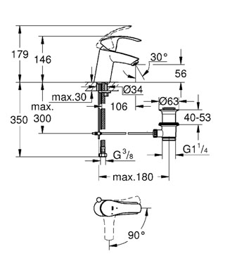 GROHE EUROSMART umyvadlová stojánková baterie, s odtokovou soupravou, studený start, chrom 32926002 Technický nákres
