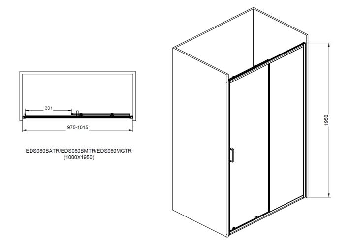 EASY+ sprchové dveře 100x195 cm, posuvné, matná černá/sklo transparent EASDS100CMTR Technický nákres