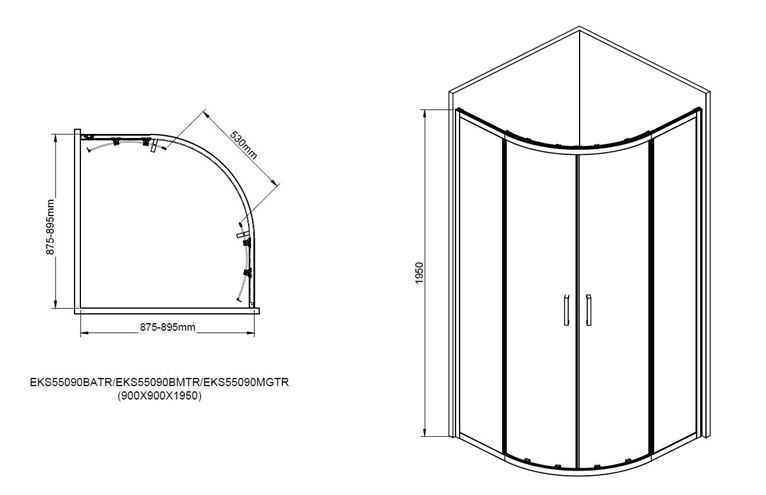 EASY+ sprchový kout 90x90 cm, R550, posuvné dveře, gun metal/sklo transparent EASKS55090GMTR Technický nákres