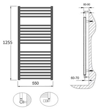 CONCEPT 200 VIOLA koupelnový radiátor 1255/550, boční připojení, sněhově bílá RAL9016 CVL12550550SK015003 Technický nákres