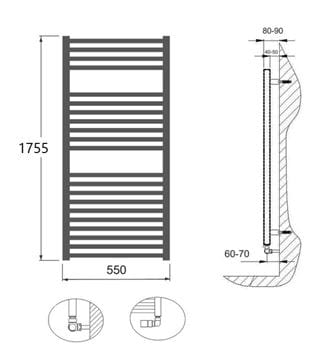 CONCEPT 200 VIOLA koupelnový radiátor 1755/550, boční připojení, sněhově bílá RAL9016 CVL17550550SK015003 Technický nákres