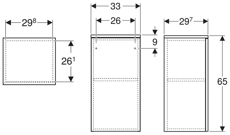 CONCEPT STYLE nízká skříňka 33x29,7x65 cm, 1 dvířka, lesklá bílá 504.142.01.1 Technický nákres