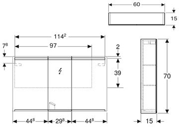 GEBERIT OPTION zrcadlová skříňka 120x70x15 cm, osvětlení, s vypínačem a el. zásuvkou 500.207.00.1 Technický nákres