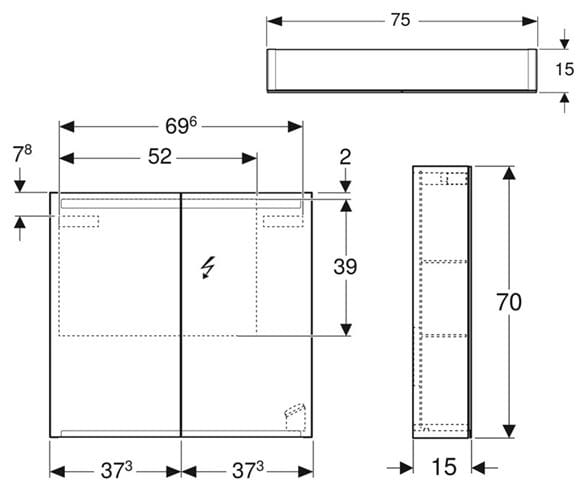 GEBERIT OPTION zrcadlová skříňka 75x70x15 cm, osvětlení, s vypínačem a el. zásuvkou 500.205.00.1 Technický nákres