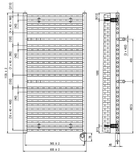 CONCEPT 200 WAVE koupelnový radiátor 1535/600/ elektrický, topná tyč s regulátorem, antracit metalíza S02 DAVS15350600MK615013 Technický nákres