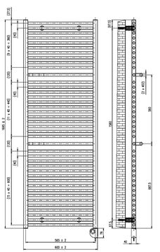 CONCEPT 200 WAVE koupelnový radiátor 1695/600, elektrický, topná tyč s regulátorem, černá perla S22 DAVS16950600MK855013 Technický nákres
