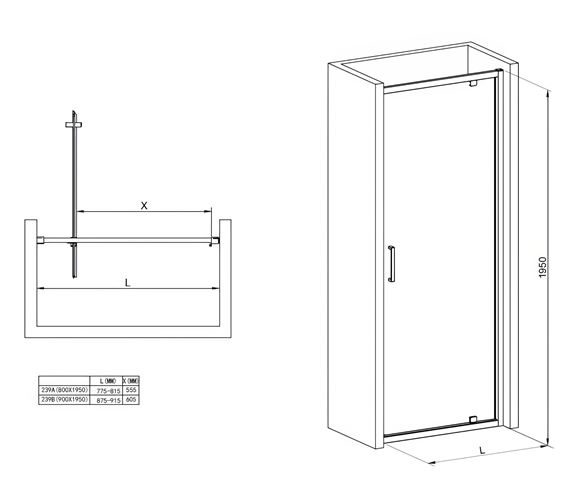 EASY+ sprchové dveře 80x195 cm, pivotové, bright alu/sklo transparent EASDS80BATR Technický nákres