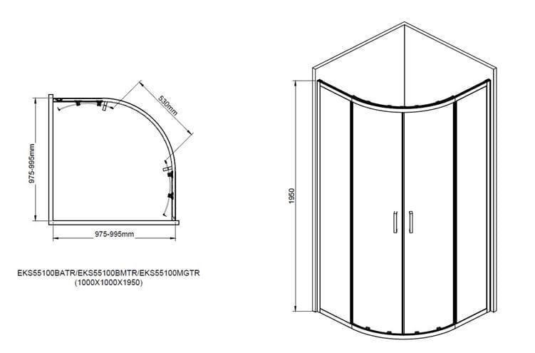 EASY+ sprchový kout 100x100 cm, R550, posuvné dveře, bright alu/sklo transparent EASKS55100BATR Technický nákres