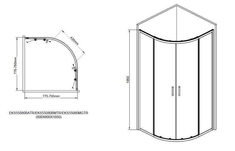 EASY+ sprchový kout 80x80 cm, R550, posuvné dveře, gun metal/sklo transparent EASKS55080GMTR Technický nákres