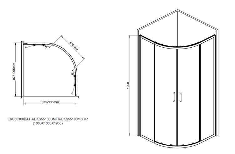 EASY+ sprchový kout 100x100 cm, R550, posuvné dveře, gun metal/sklo transparent EASKS55100GMTR Technický nákres