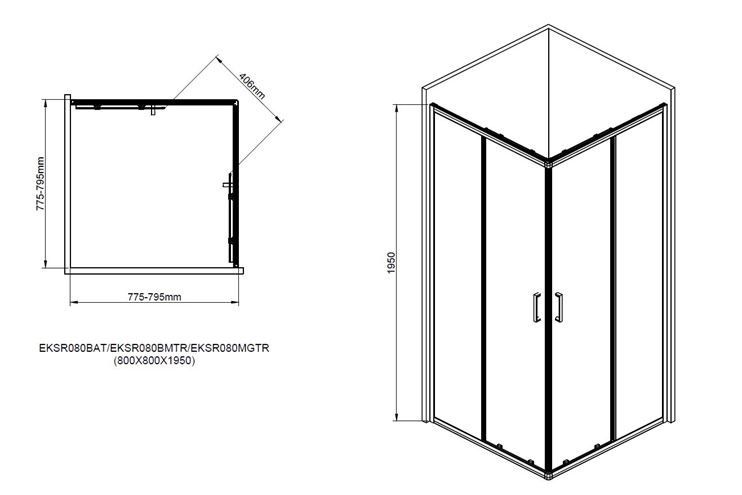 EASY+ sprchový kout 80x80 cm, rohový vstup, posuvné dveře, bright alu/sklo čiré EASKSR080BATR Technický nákres