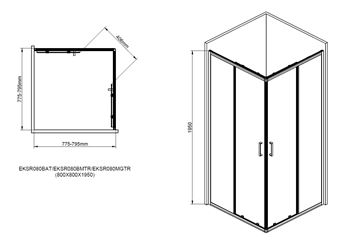 EASY+ sprchový kout 80x80 cm, rohový vstup, posuvné dveře, bright alu/sklo čiré EASKSR080BATR Technický nákres