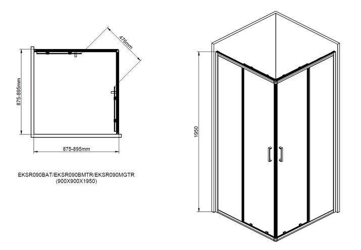 EASY+ sprchový kout 90x90 cm, rohový vstup, posuvné dveře, gun metal/sklo čiré EASKSR090GMTR Technický nákres
