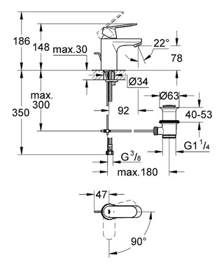 GROHE EUROSMART COSMOPOLITAN umyvadlová stojánková baterie, s odtokovou soupravou, studený start, chrom 2337700E Technický nákres