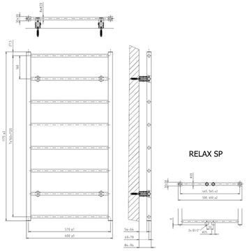 CONCEPT 200 RELAX koupelnový radiátor 600/1175, středové připojení, matná černá DTWS11750600SM515016 Technický nákres