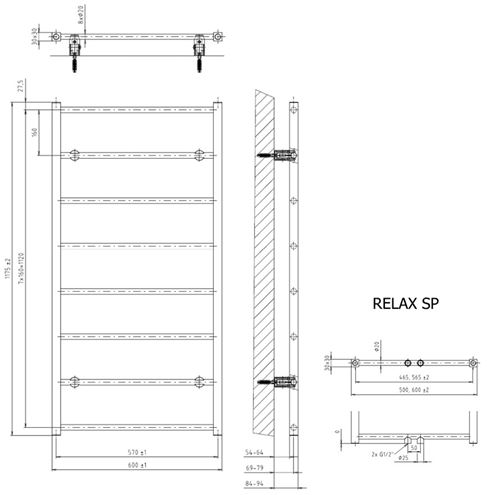 CONCEPT 200 RELAX koupelnový radiátor 600/1175, středové připojení, matná černá DTWS11750600SM515016 Technický nákres