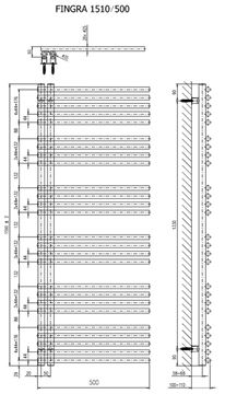 CONCEPT 200 FINGRA koupelnový radiátor 1510/500, klasické připojení, matná bílá RAL9016 CFN15100500SK055017 Technický nákres