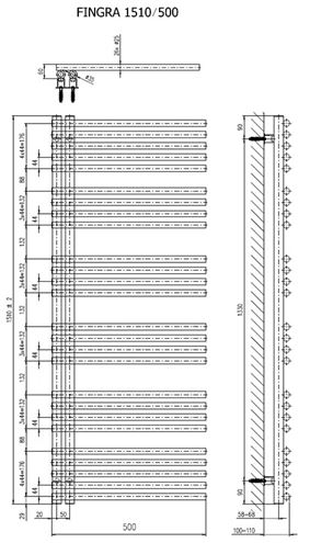 CONCEPT 200 FINGRA koupelnový radiátor 1510/500, klasické připojení, antracit metalíza S02 CFN15100500SK615017 Technický nákres