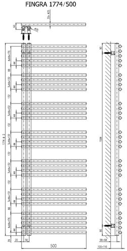 CONCEPT 200 FINGRA koupelnový radiátor 1774/500, klasické připojení, sněhově bílá RAL9016 CFN17740500SK015017 Technický nákres