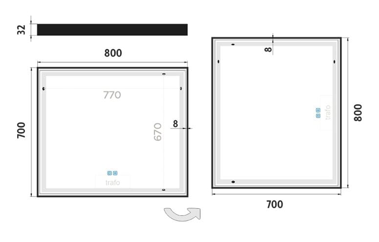 NIMCO ZP 13000 zrcadlo 80x70 cm, reverzibilní, s osvětlením, s regulací stmívání, s regulací teploty světla, se senzorem, matná černá ZPC 13003VX-90 Technický nákres