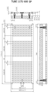 CONCEPT 200 TUBE SP koupelnový radiátor 1175/600, středové připojení, černá perla S22 CTU11750600SM855001 Technický nákres