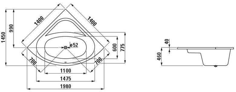 LAUFEN SOLUTIONS rohová vana 140x140 cm, bez nožiček, akrylát H2425000000001 Technický nákres