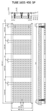 CONCEPT 200 TUBE SP koupelnový radiátor 1655/450, středové připojení, matná bílá RAL9016 CTU16550450SM055001 Technický nákres