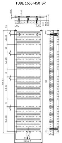 CONCEPT 200 TUBE SP koupelnový radiátor 1655/450, středové připojení, matná černá CTU16550450SM515001 Technický nákres