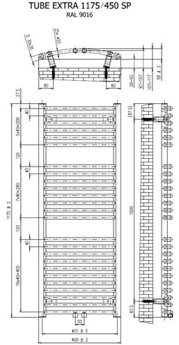 CONCEPT 200 TUBE EXTRA SP koupelnový radiátor 1175/450, středové připojení, černá perla S22 CTE11750450SM855002 Technický nákres
