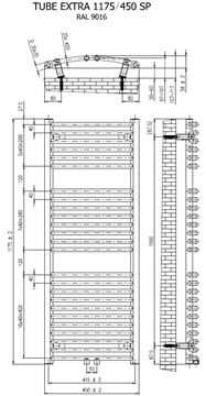 CONCEPT 200 TUBE EXTRA SP koupelnový radiátor 1175/450, středové připojení, černá perla S22 CTE11750450SM855002 Technický nákres