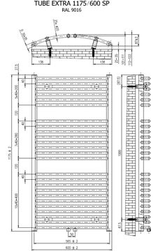 CONCEPT 200 TUBE EXTRA SP koupelnový radiátor 1175/600, středové připojení, černá perla S22 CTE11750600SM855002 Technický nákres